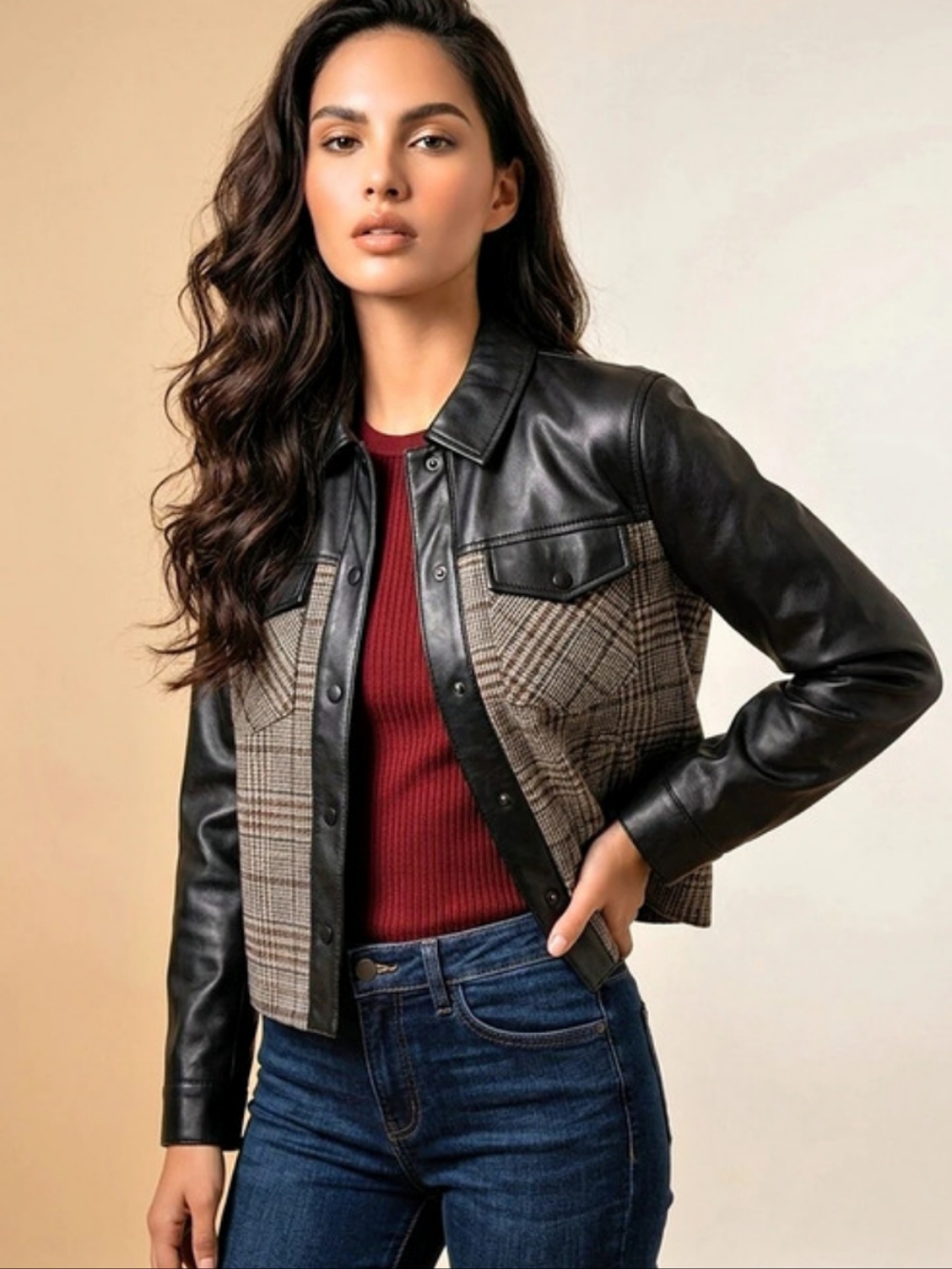 Liverpool Plaid Faux Leather Jacket in Black & Brown Size XS